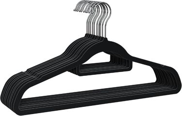 Плечики для одягу PORTENTUM з оксамиту, 10 шт., чорні - антиковзаючі, з 360º обертовим гаком, вирізами та тримачем для аксесуарів, економія місця, товщина 0,6 см, Made in Spain