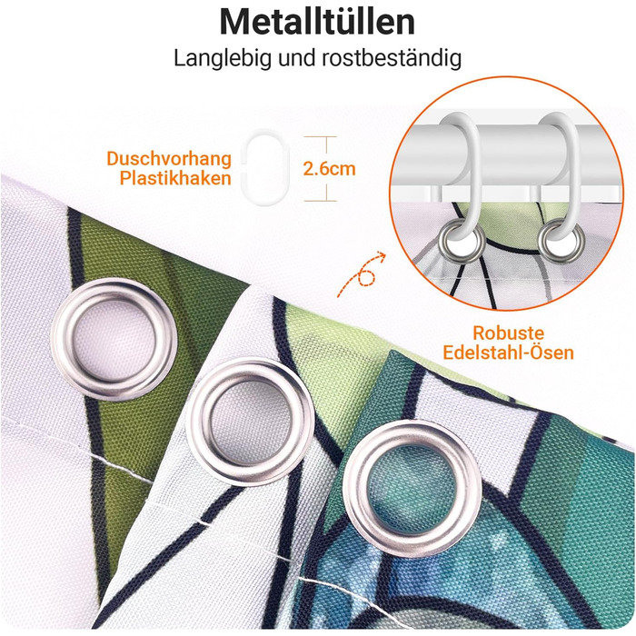 Штора для душу 200x200 см, зелені листки, антигрибкова, текстильна, водовідштовхувальна, поліестер, з кільцями (1 шт)