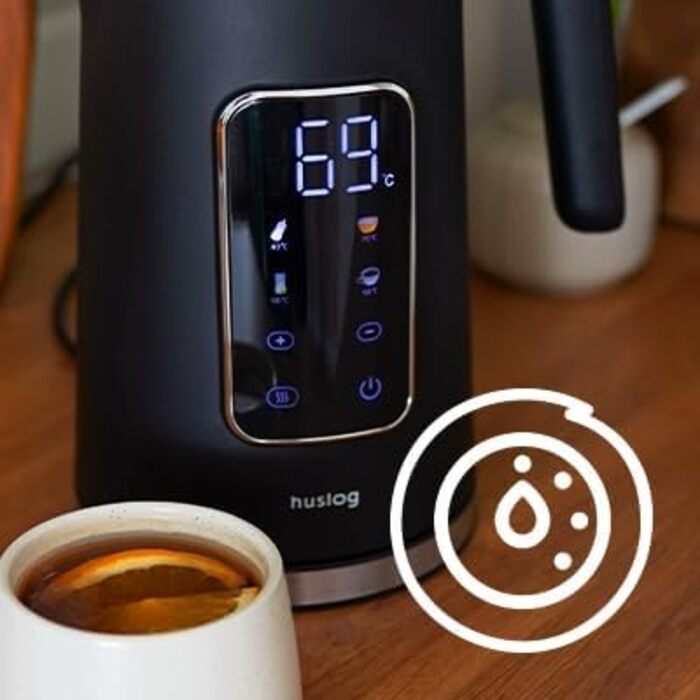 Електричний чайник 1.7 л з тачскріном, 2200 Вт, регулювання температури (40–100°C), 5 програм, підтримання тепла, нержавіюча сталь, бездротовий, чорний