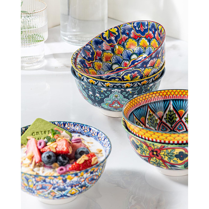 Набір керамічних мисок HENXFEN для мюслі, супу, салату та пасти (6 шт.) - богемний стиль