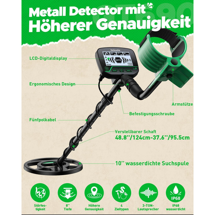 Металошукач для дорослих та дітей: професійний, водонепроникний, з котушкою 10” та лопатою. Ідеальний для пошуку золота на пляжі.