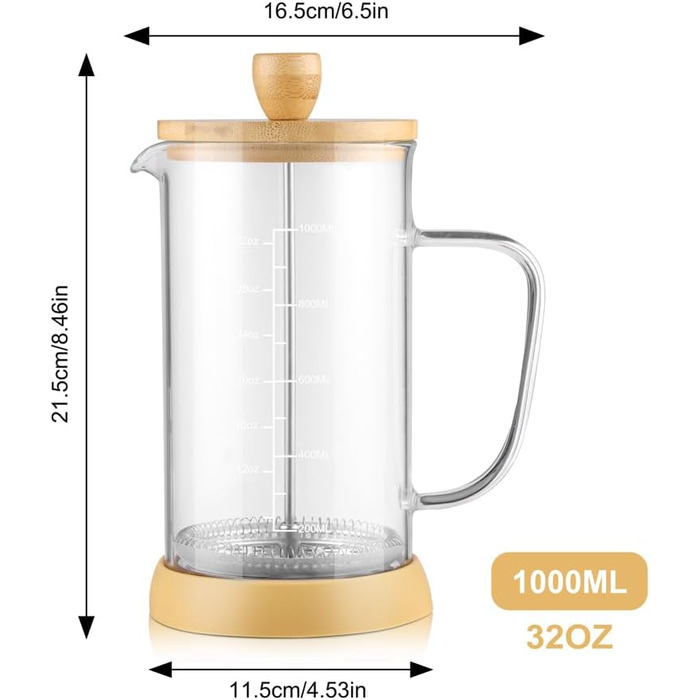 French Press WedRink: Френч-прес з нержавіючої сталі, 1л, для кави та чаю, з бамбуковим корпусом