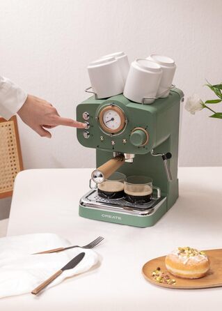 CREATE / THERA MATT RETRO/Espresso Machine Cream White Matt and Wood/Semi-Automatic, with a 15 bar pump and 1100W, 1.25L water tank, for ground coffee, 55 mm. ESE Pads (Green-Sage Matt - Wood)