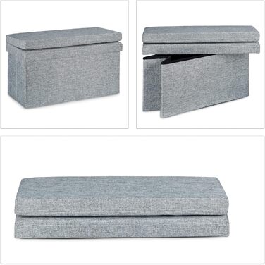 Складаний пуф Relaxdays з спинкою, 73x76x38 см, сіра лавка-скриня з лляної тканини, з місцем для зберігання та кришкою