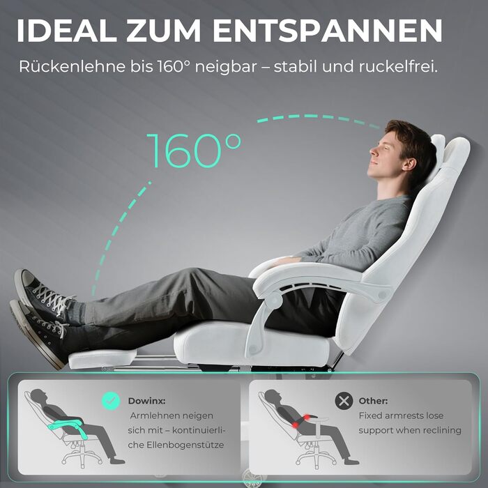 Ігровий крісло Dowinx з ергономічною підтримкою попереку, регульованою підголівником, потовщеним сидінням, висувною підніжкою, регульованими підлокітниками, мікрофібровим велюром, нахилом 160°, білий