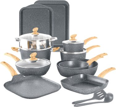 Kitchen Academy 17-Piece Induction Cookware Set with Glass Lids and Granite Coating, including Frying Pans and Pots (gray, 17 piece)