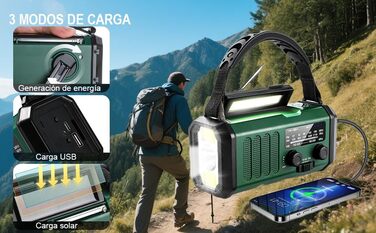 Радіостанція на сонячній енергії з живленням від ручки 20000 mAh з SOS-сигналом, FM/AM, ліхтарик, компас, для кемпінгу та надзвичайних ситуацій (зелене)