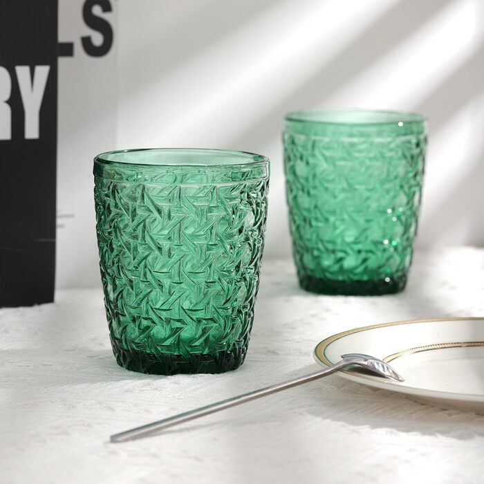 Joeyan 300ml Green Glass Set, 6-Piece, Vintage Colored Drinking Glasses with Embossed Design, Colorful Water Glasses Dishwasher Safe