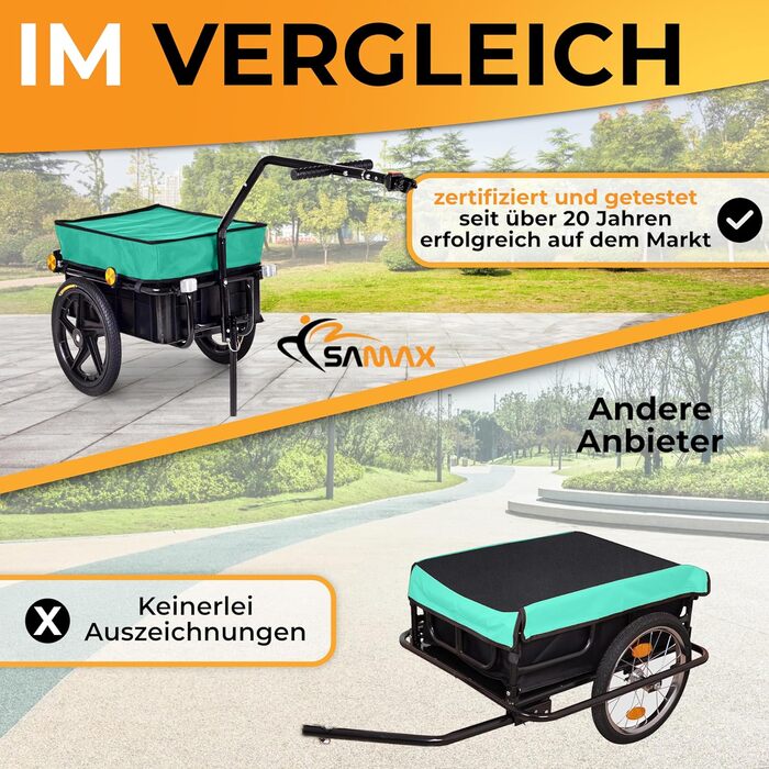 Причіп SAMAX 70 літрів / 60 кг: вантажний причіп для велосипеда з кріпленням, чорний, зелений