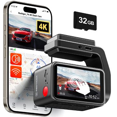 Відеореєстратор REDTIGER F4 4K для авто з Wi-Fi, нічною зйомкою та паркуванням, 32GB карта в комплекті
