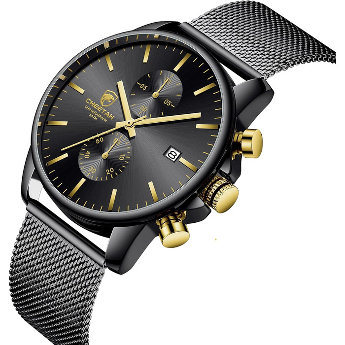 Годинник чоловічий GOLDEN HOUR стильний мінімалістичний кварцовий аналоговий з металевим браслетом, водостійкий хронограф (Новий золотий, чорний)