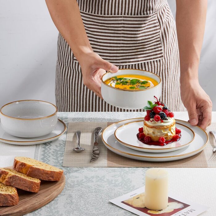 Набір посуду Joyfair на 6 осіб, 18 предметів: тарілки, миски, десертні тарілки, посуд з реактивної глазурі, для щоденного використання, сумісний з мікрохвильовою піччю та посудомийною машиною, пісочно-бежевий колір