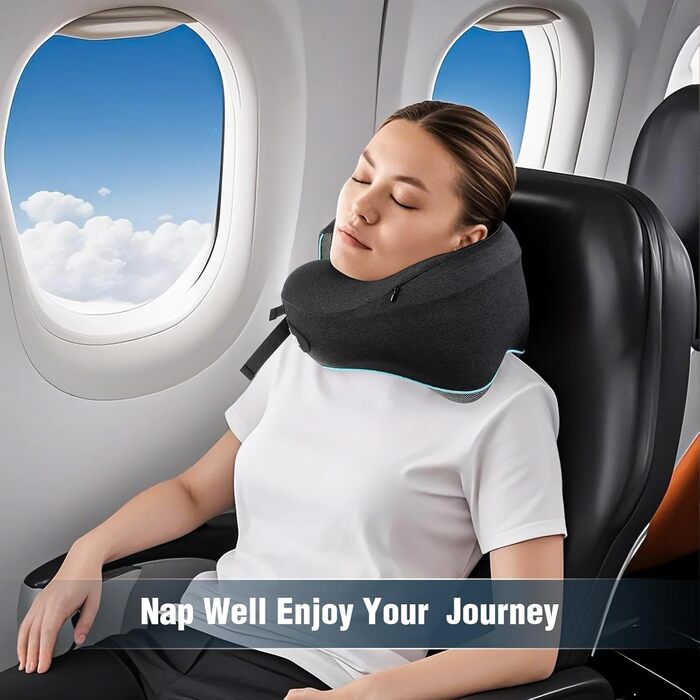 Подушка для шиї у літак Memory Foam з регульованими ремінцями, дихаючим чохлом, у вигляді «вушка» для літака, авто, поїзда. У комплекті сумка з гачком для зручного транспортування. Стандартна, для дорослих