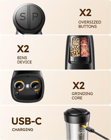 Sangcon електрична млинка 2 в 1 для солі та перцю, USB зарядка, автоматична одноручна, підсвітка, керамічний механізм
