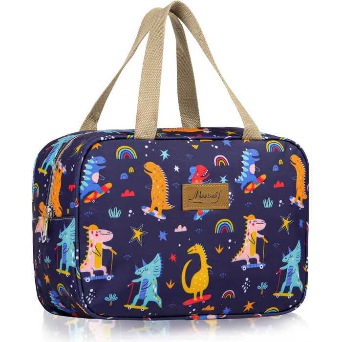 Велика косметичка для подорожей, жіноча косметичка-органайзер, косметичка для макіяжу з ручкою, велика дорожня косметичка для аксесуарів, темно-синя з динозавром (#9 Blätter)