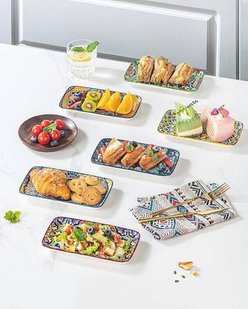 Сервіровочні тарілки HENXFEN з порцеляни, 25.4 см, набір прямокутних тарілок, 25.4 x 17.8 см, для салату, закусок, сашімі, богемний квітковий дизайн у 6 яскравих кольорах (прямокутна тарілка 20.3 см)