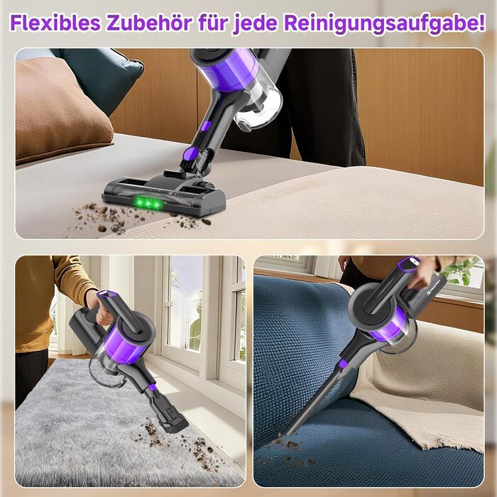 Бездротовий акумуляторний пилосос Hearten 4-в-1 з LED дисплеєм та антизаплутувальною насадкою, сенсорне управління, для видалення шерсті тварин, килимів та твердих поверхонь (фіолетовий)