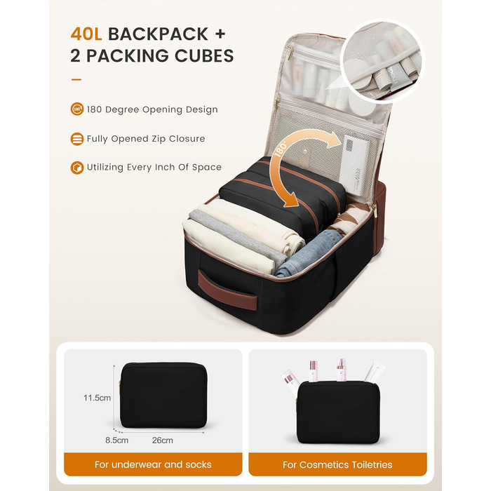 LOVEVOOK Рюкзак для ручної поклажі 40L з окремим відділенням для взуття, рюкзак-валіза для подорожей, жіночий, з відділенням для мокрого та сухого, 3 шт. (Бежевий, Зелений, Чорний, Білий, Коричневий)