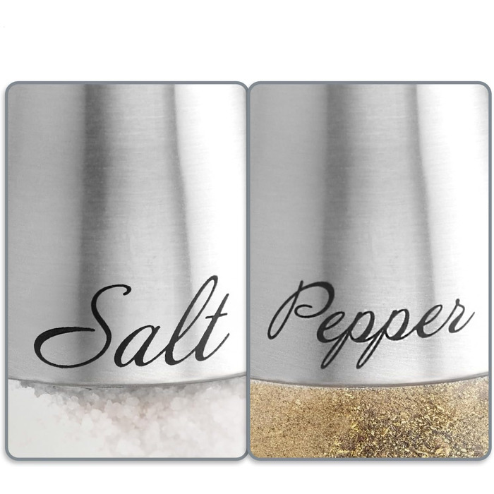 Набір для солі та перцю Com-Four® з нержавіючої сталі та скла (2 шт.) - дозатор спецій, контейнер для приправ з написом, для кухні та ресторану (сріблястий)