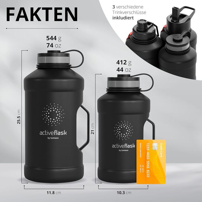 Спортивна пляшка з нержавіючої сталі ACTIVE FLASK 2,2 л із соломинкою, 3 кришки, BPA-free, герметична, для газованої води, чорна, для спорту, фітнесу та активного відпочинку