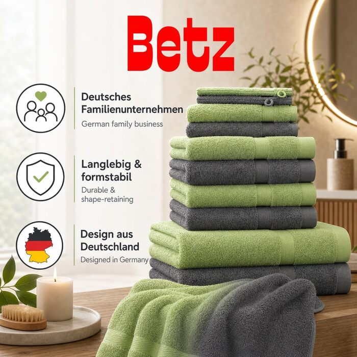 Набір рушників Betz Premium 10 предметів, 100% бавовна, махровий, антрацит та яблучно-зелений (2 банні, 4 ручні, 2 гістьові рушники, 2 рукавички)