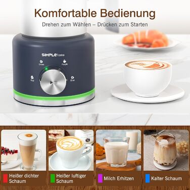 Електричний спінювач молока SIMPLETASTE 4-в-1: гарячий та холодний спінений молок, підігрів молока та какао, антипригарне покриття, автоматичне вимкнення, тиха робота, BPA-free, для капучіно та лате (можна мити в посудомийній машині, насадка-міксер у комп
