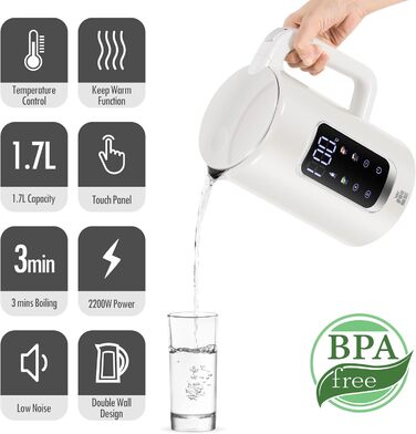 Електричний чайник ForMe з нержавіючої сталі, 1.7 л, регулювання температури 40-100°C, LED дисплей, функція підтримання тепла, BPA Free, білий