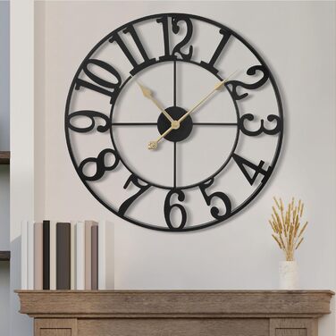 Maxstar Modern Roman Numeral Large Wall Clocks, Non-Ticking Round Metal Silent Vintage Wall Clock for Living Room, Kitchen, Bedroom, Garden Decor - Gold (Black Arabic, 60CM)