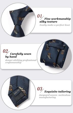 HISDERN Комплект краватки та кишенькового хустинки з принтом тварин для чоловіків, вечірній/діловий стиль, синій/сова, універсальний розмір