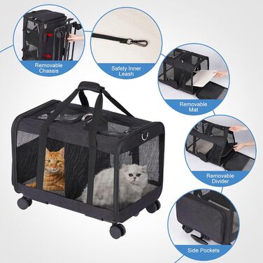 Транспортна переноска для котів та собак з подвійним відділенням, знімною перегородкою та колесами, чорна, L
