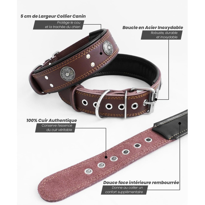 Leather Dog Collar, 5 cm Wide Robust Genuine Leather Collar, Handcrafted, Soft and Luxurious, Eye-Catching Best Choice for Large and Medium Dog Breeds 57-67.5 cm
