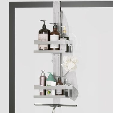 Hosanwell Shower Shelf for Hanging, No-Drill Shower Shelf Double-Layer Stainless Steel SUS304 Shampoo Holder for Shower with Glass Door, No-Drill with 4 Hooks, Silver