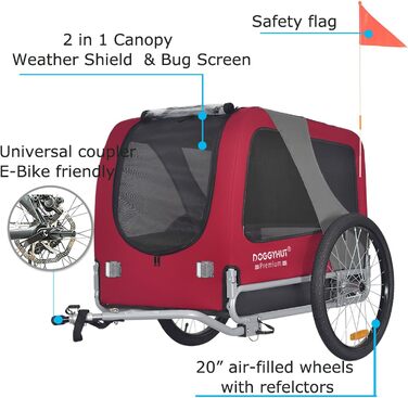 DOGGYHUT® Преміум великий вагон для собак на велосипед, 270 літрів, для середніх та великих собак (ЧЕРВОНИЙ)