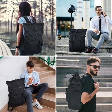 Roll-Top Backpack Waterproof, 27L Large Backpack Men Women, School Backpack with 17.3 Inch Laptop Compartment, Travel Backpack Hiking Backpack for Business Work College Travel Leisure (Black)