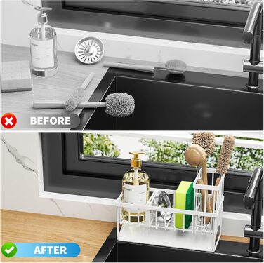 Cisily Kitchen Sink Caddy Organizer with Tall Brush Holder, Sponge Holder for Sink, 304 Stainless Steel, Kitchen Countertop, Soap Dispenser, Organizer, Kitchen Decor and Accessories (White/Opulent Garden)