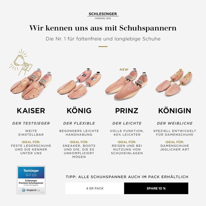 Schlesinger – 4 pairs of premium men's shoe stretchers made of high-quality cedarwood for optimal shoe care. Kaiser model. Size 35 – 52 in silver or gold.