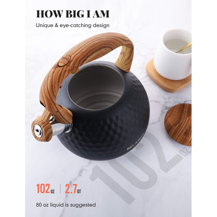 Чайник BELANKO Teekessel 2.7л з свистком, з дерев'яною ручкою, з нержавіючої сталі, чорний матовий, для плити, індукції, діамантовим дизайном