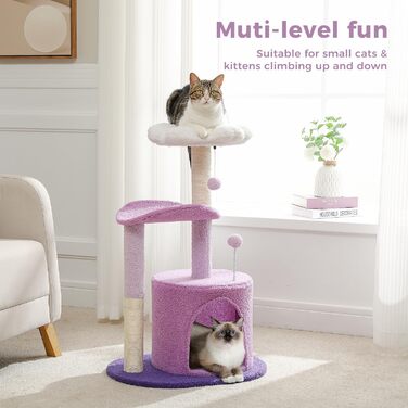 PETEPELA Cactus Scratching Post Small 84cm Modern Cat Tree Detachable Top Bed, Plush Cave, 2 Sisal Pillars, 2 Play Balls, Green (Purple)
