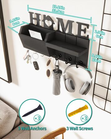 Держатель для ключів HapiRm з декором HOME, дерев'яне ключникове дошка з 7 гачками, з полицею. Підходить для входу, дверей, коридору, спальні, офісу (чорний)