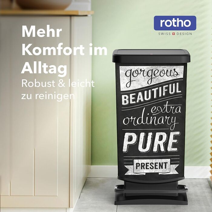 Сміттєвий відро Rotho Paso на 40 л з педаллю та Soft-Close кришкою, сріблясте