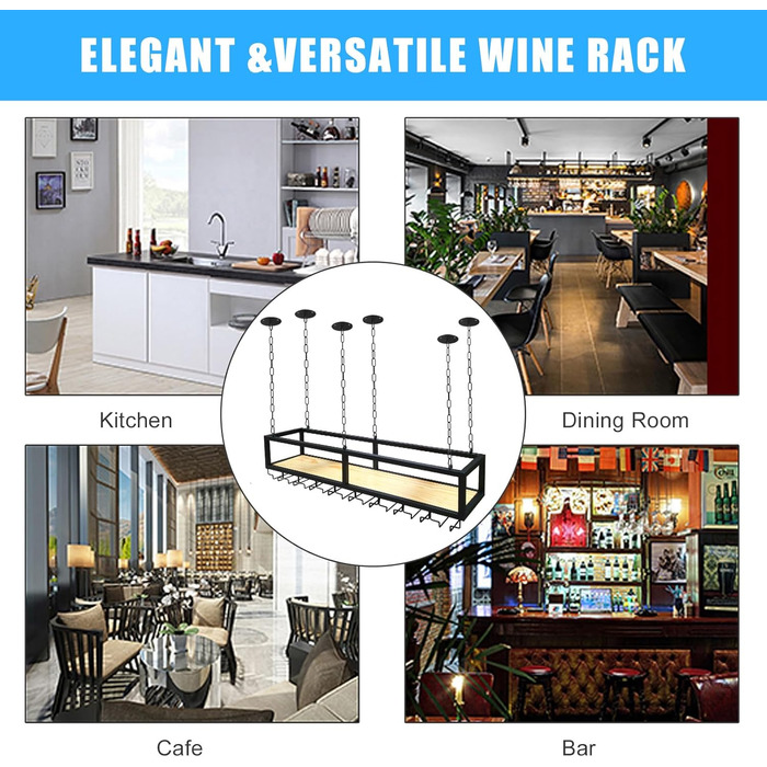 DSVONAUS Ceiling Shelf, Wine Rack, Height-Adjustable Decorative Shelf, Retro Iron and Solid Wood Ceiling Shelf, Single Layer, For Bars/Restaurants/Kitchens (120 * 25 * 100cm)