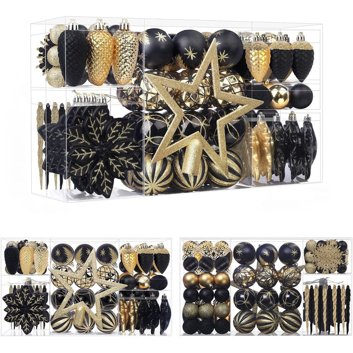 Набір прикрас для ялинки Shareconn: 106 шт., 24 кольори, ударостійкі кулі, декор для ялинки, свята, весілля (чорний та шампань-золото)
