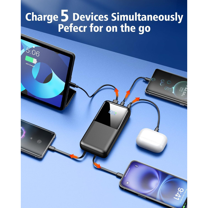 Power Bank 40000mAh з 3 портами USB та 2 кабелями, чорний. Сумісний з iPhone, Samsung Galaxy