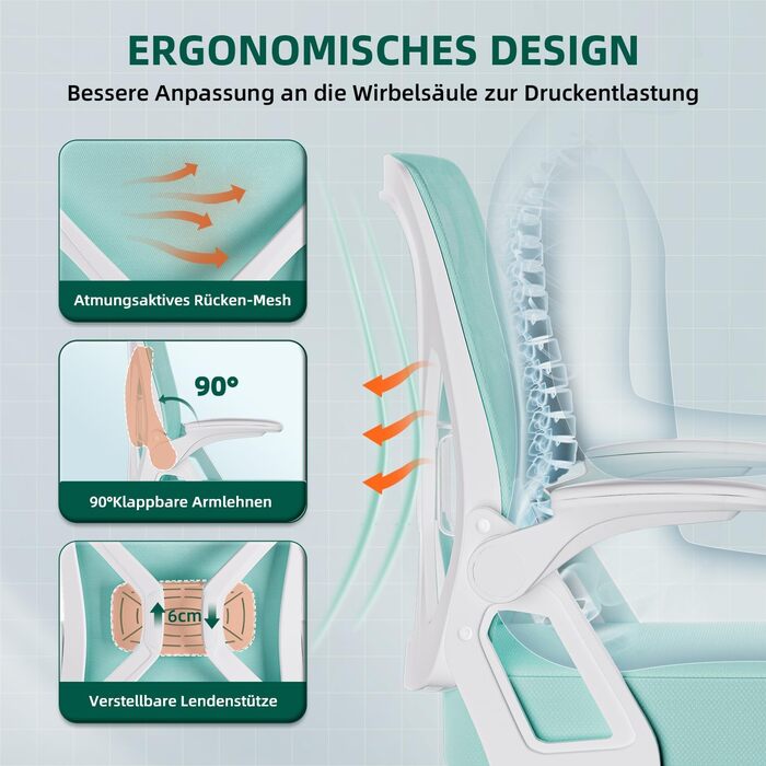 Ергономічне крісло для офісу, офісне крісло з відкидними підлокітниками, регульована поперекова підтримка, регульоване крісло для начальника, поворотне крісло, сітчасте крісло з функцією гойдання до 125° (Блакитно-зелене, без підголівника)