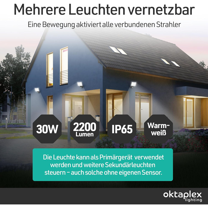 LED прожектор настінний з датчиком руху Oktaplex Cali Motion 30W, IP65, антрацит, 3000K, з функцією Master