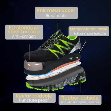 Робочі черевики Nasogetch для чоловіків та жінок. Безпечні черевики з металевим підноском, спортивного стилю, з антиковзкою підошвою, дихаючі, розмір 36-48 (39 EU, зелений)