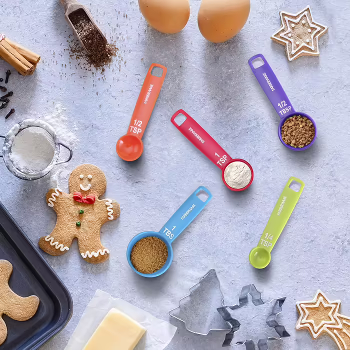 Farberware 5-Piece Measuring Spoon Set, perfect for measuring wet and dry ingredients, includes a detachable ring for optimal storage and organization, dishwasher safe, assorted.