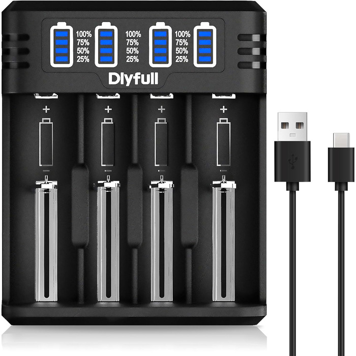 Зарядний пристрій Dlyfull для акумуляторів 18650, 4 слоти, USB-C, LED дисплей, швидка зарядка, сумісний з 18650, 21700, 17500, 16340, 26650, AA, AAA, C, 3.7V Li-Ion та 1.2V NI-MH/NI-CD