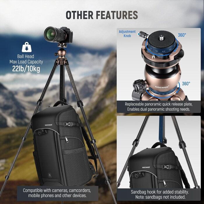 Карбоновий дорожній штатив NEEWER LITETRIP LT35 (155 см) з панорамною головкою, Arca QR платформою та кріпленням для смартфона, витримує до 10 кг