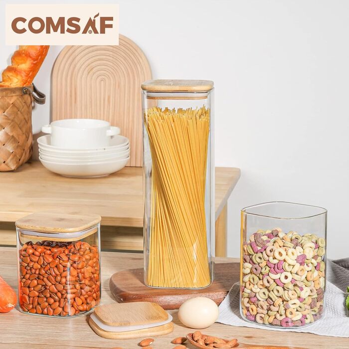 Набір скляних банок ComSaf 800/1100/2100 мл з кришками, 3 шт. Герметичні ємності для зберігання продуктів, макаронів, борошна, цукру, мюслі. Скляні контейнери для кухні, діаметр 10 см, квадратні.